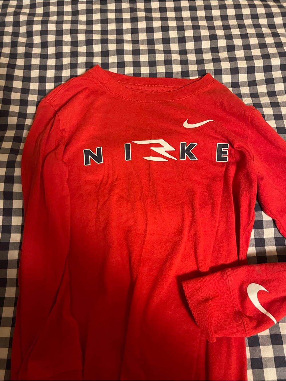 Nike Red Long Sleeve Tee with White Swoosh and Navy Accents